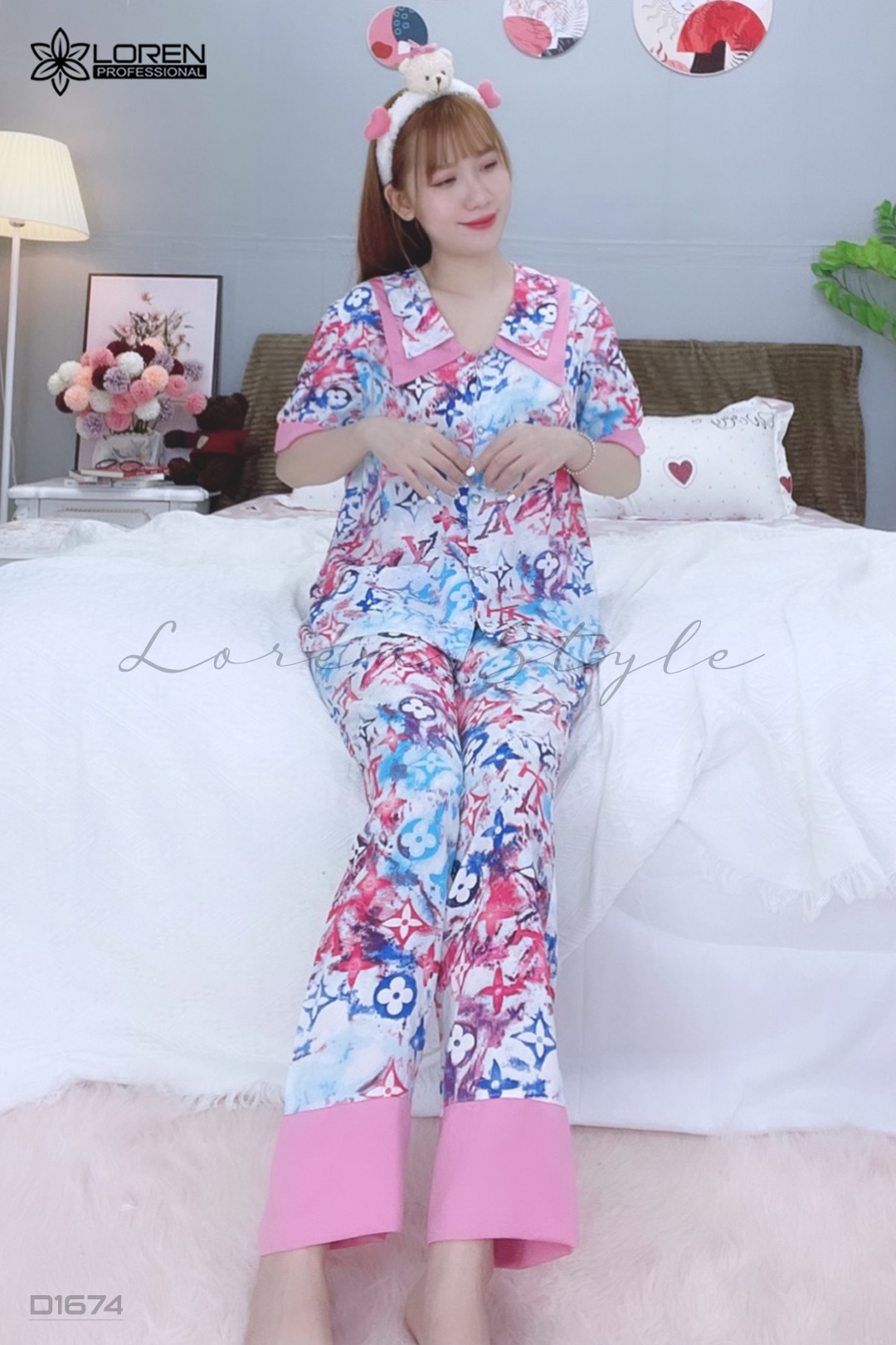 Đồ ngủ pijama tay ngắn quần dài hồng D1674
