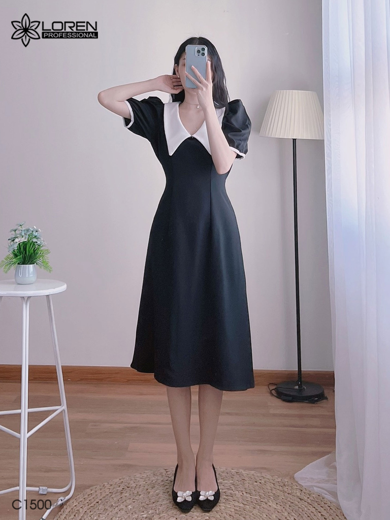 Đầm midi đen cổ peter trắng C1500