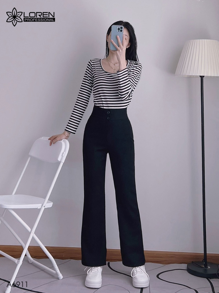 Áo kiểu nữ loren sọc đen tay dài cổ vuông A6911