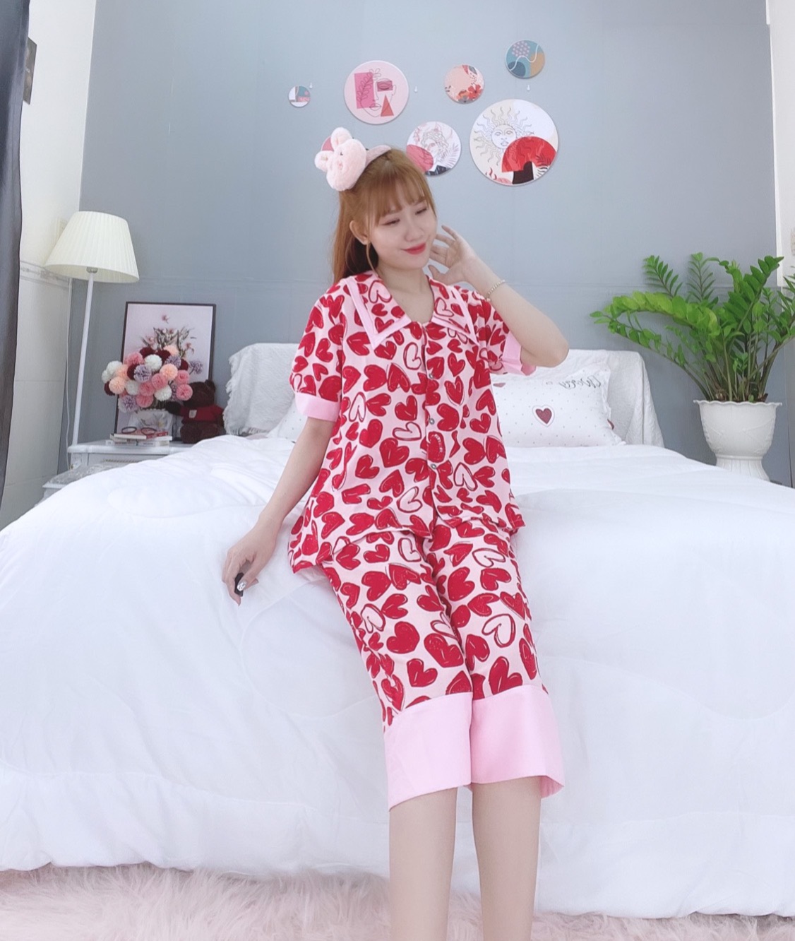 Đồ ngủ pijama lửng phối màu đỏ D1717