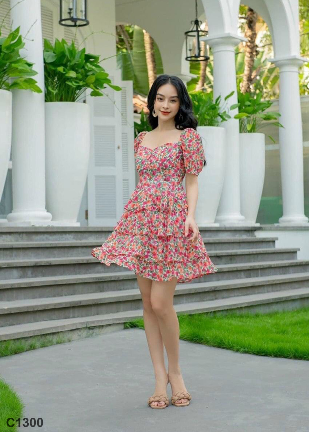 Đầm hoa bi đỏ C1300