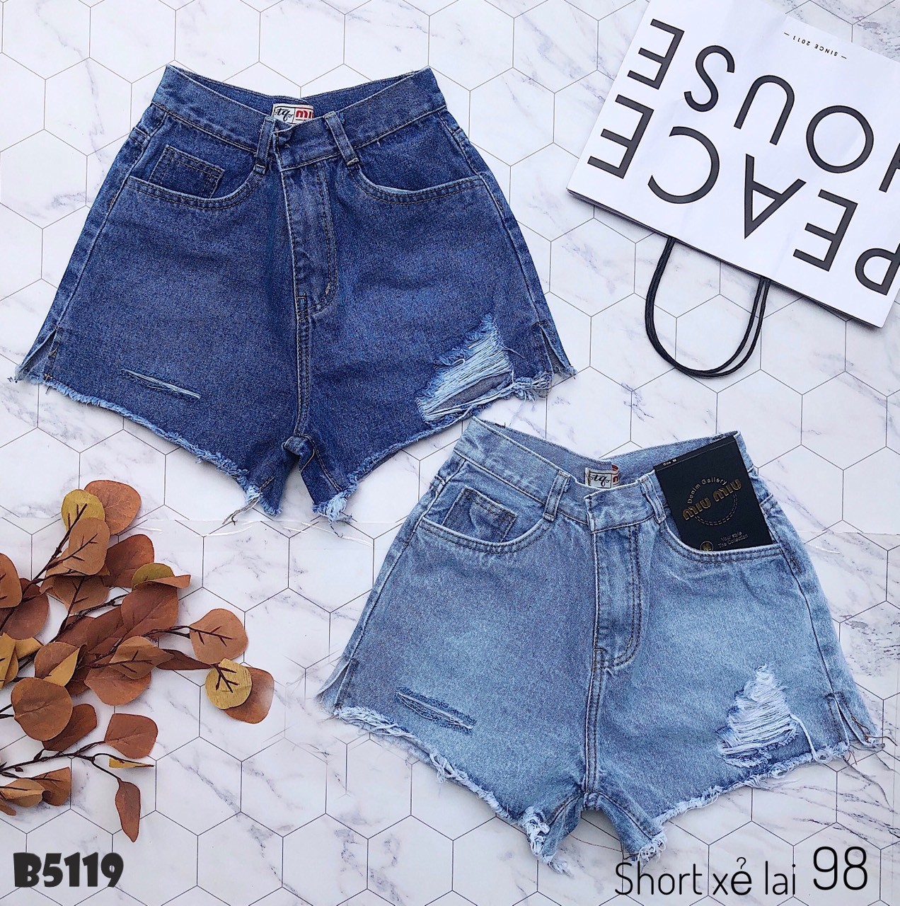 Quần jean short xẻ lai tua xanh B5119