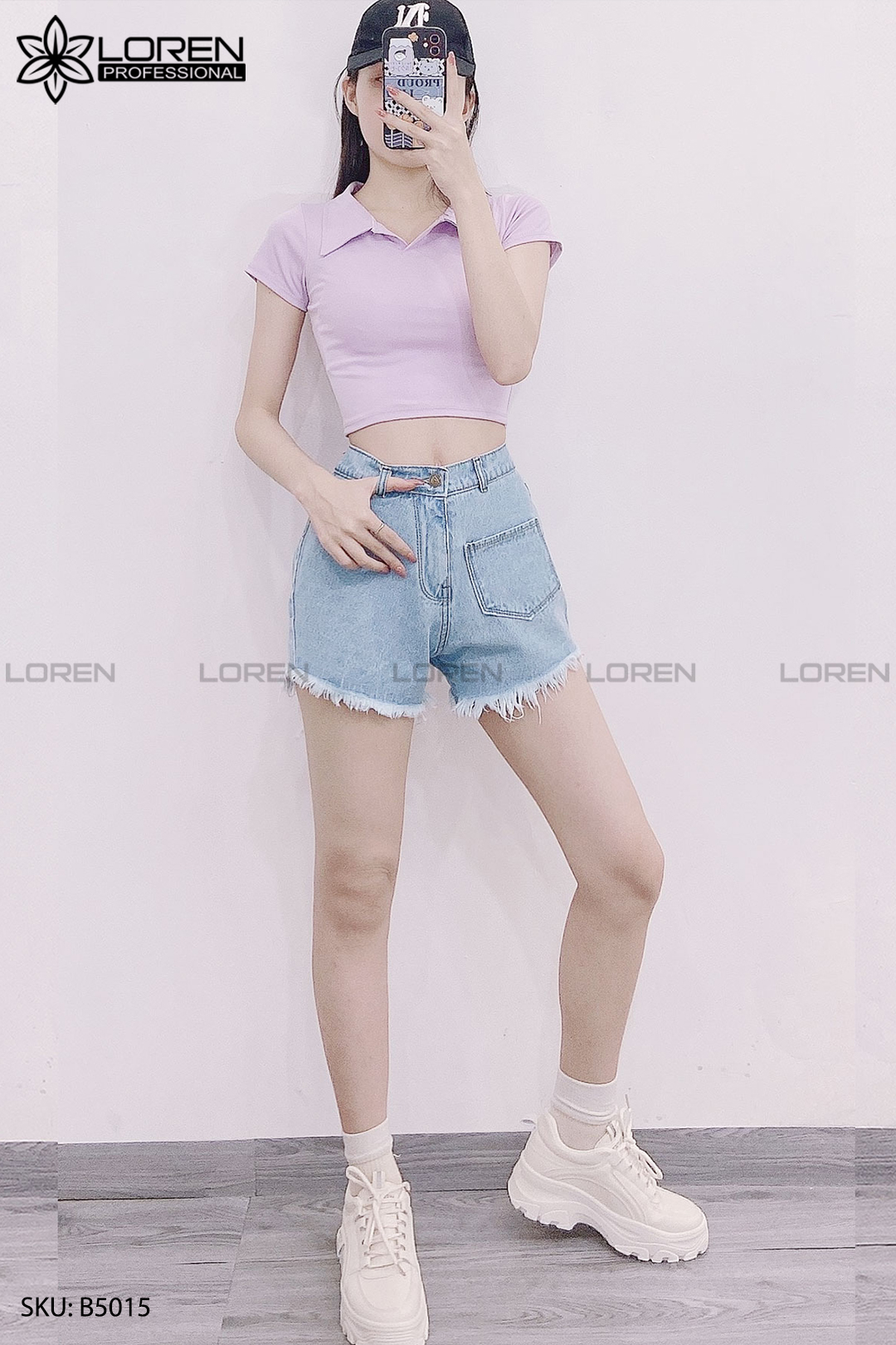 Quần jean short kiểu túi tua xanh B5015