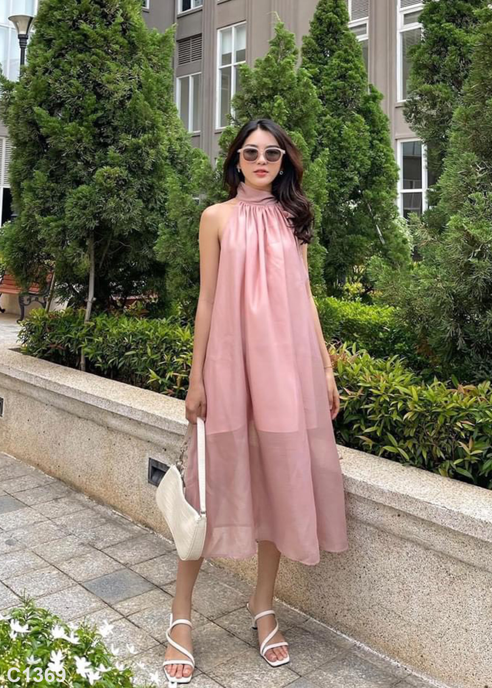 Đầm maxi cổ nơ hồng C1369