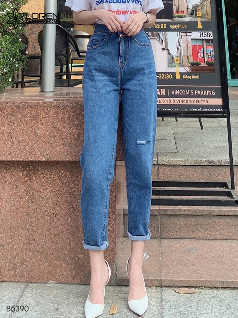 Quần jean baggy LOREN rách tua xanh B5390