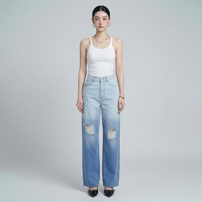 Quần jean nữ LOREN ống rộng wash B51062