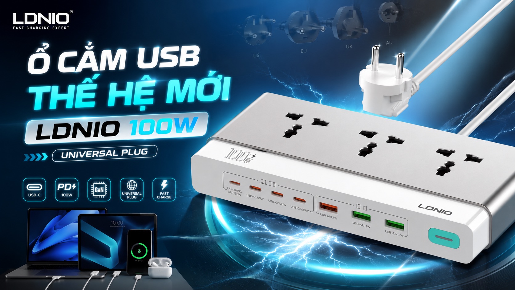 Ổ cắm điện cổng USB LDNIO Chân cắm Universal chuẩn Việt Nam