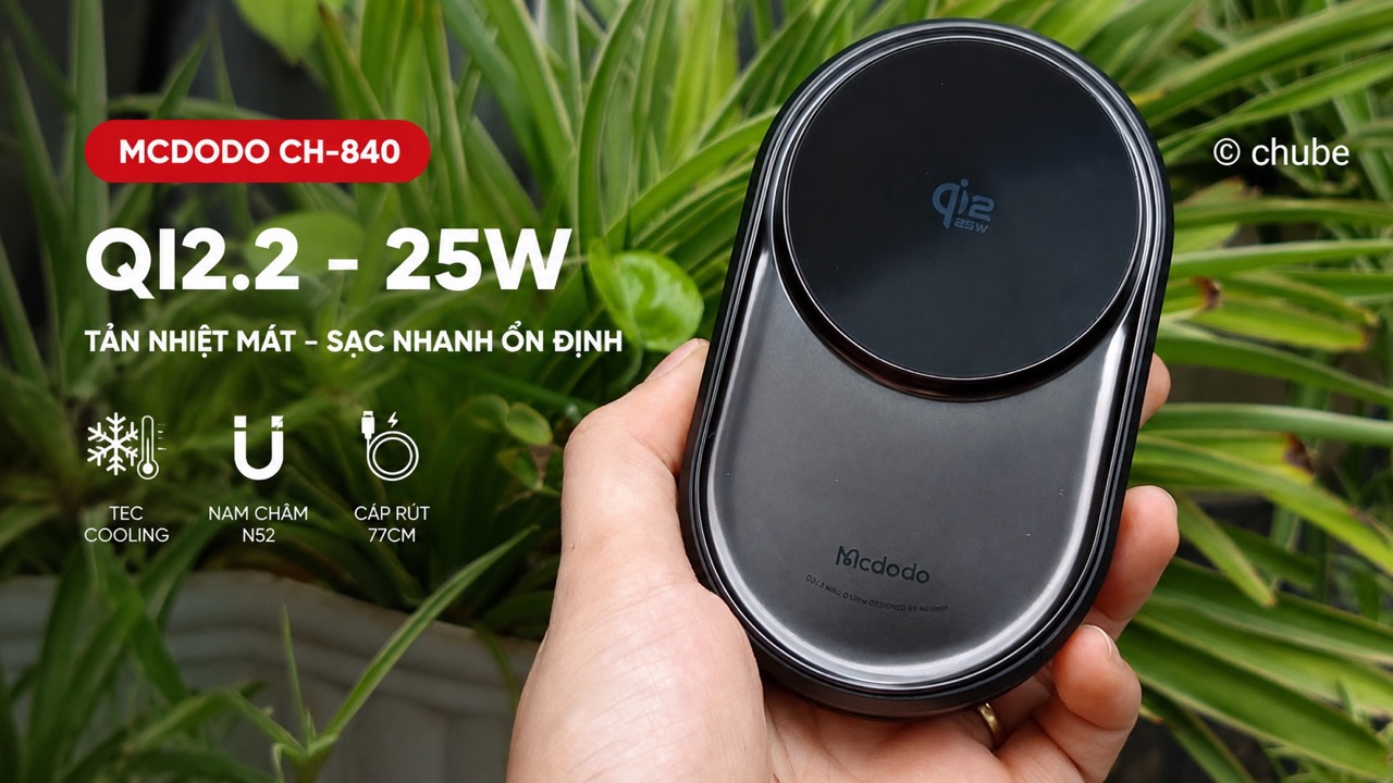 Review đế sạc không dây ô tô MCDODO CH-840 Qi2.2 25W TEC Cooled cáp rút