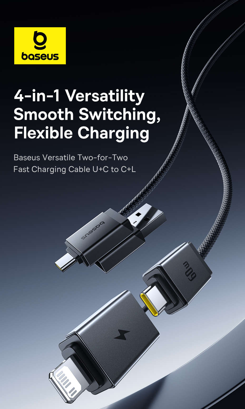 chube Cáp Sạc Nhanh 4-in-1 Baseus Versatile Two-for-Two U+C to C+L 60W