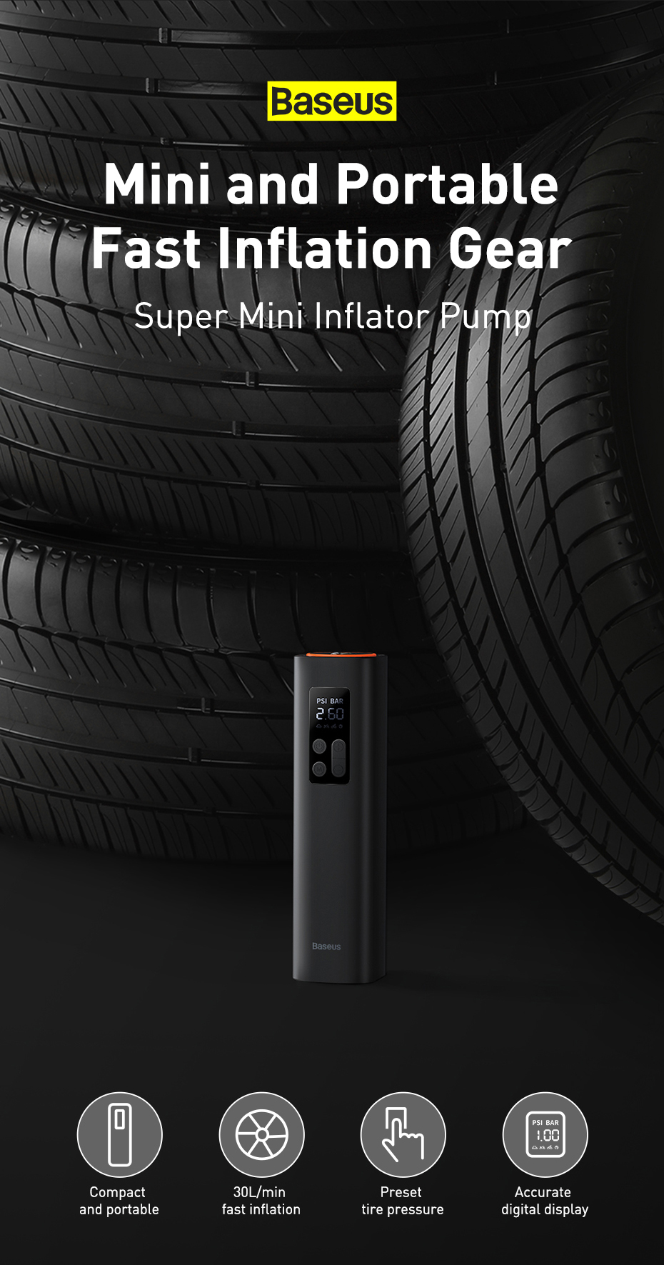 Máy bơm lốp xe thế hệ mới Baseus Super Mini Inflator Pump nhỏ gọn