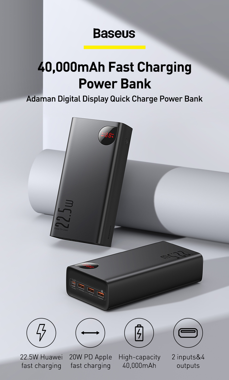 Pin dự phòng sạc nhanh 22.5W Baseus Adaman 40000mAh max, hợp kim nhôm