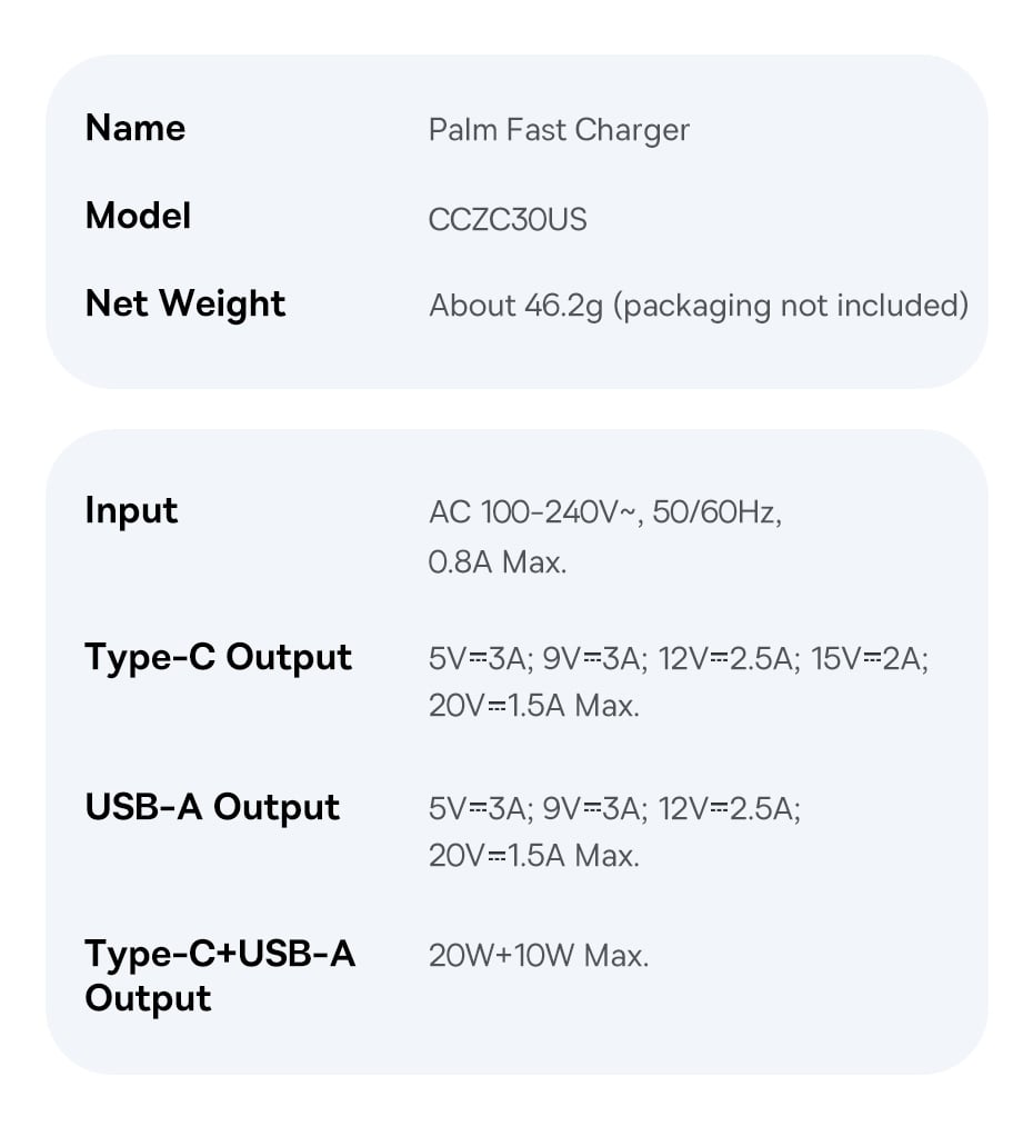 chube Combo Sạc Nhanh Baseus Palm C+U 30W