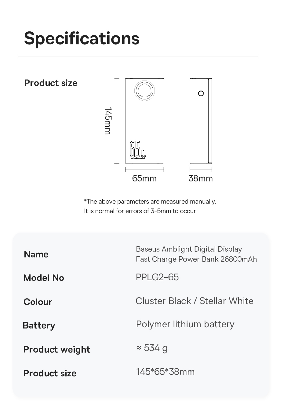 Pin sạc dự phòng Baseus Amblight Digital Display 65W