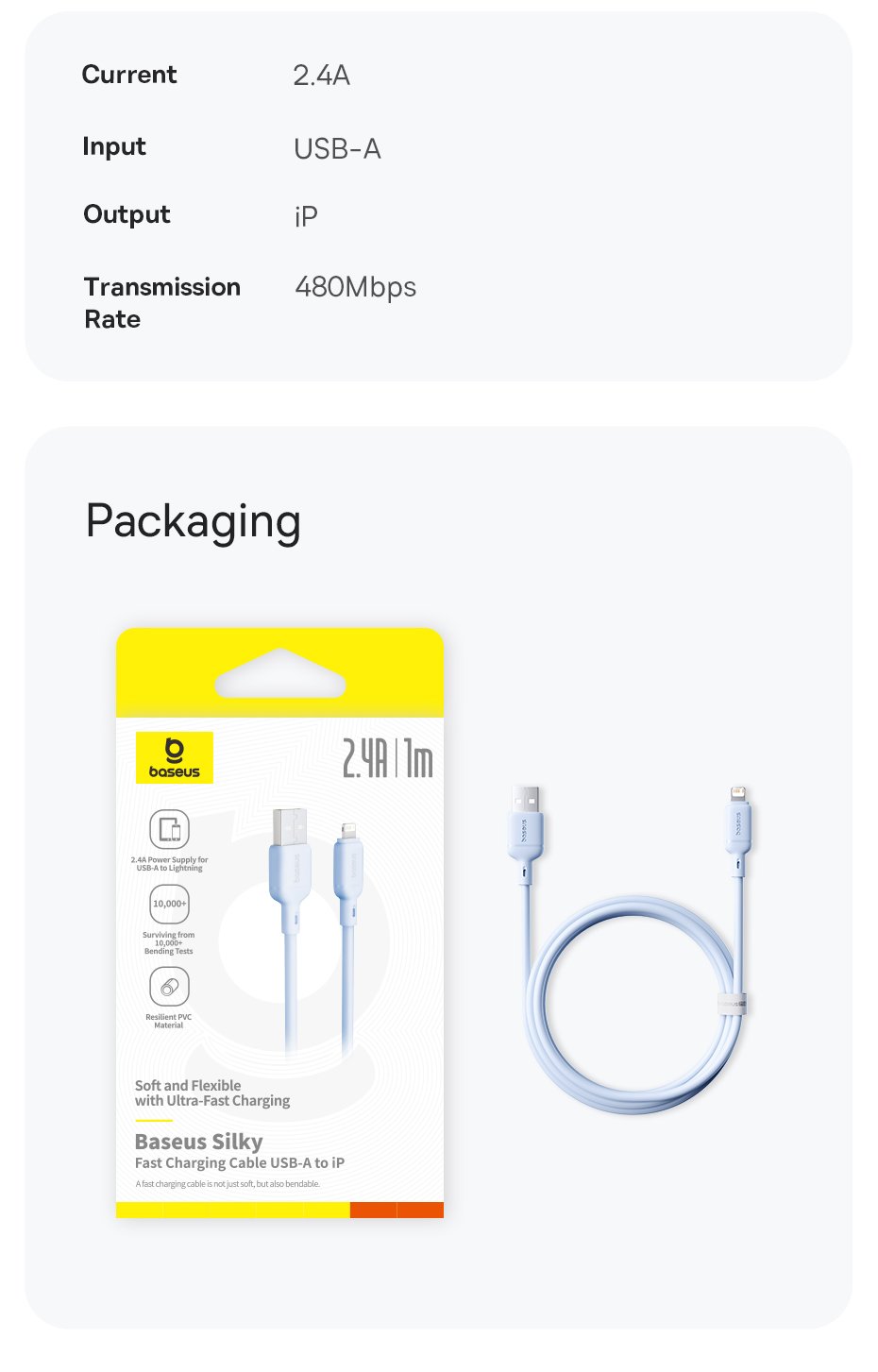 chube Cáp Sạc Nhanh Baseus Silky Series USB to Lightning 2.4A (480Mbps)