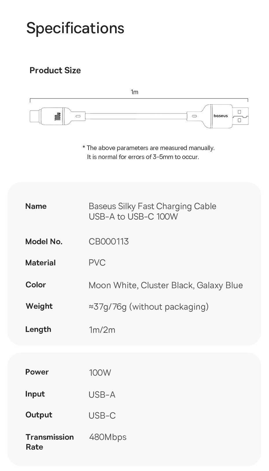 chube Cáp Sạc Nhanh Baseus Silky Series USB to Type-C 100W (480Mbps)