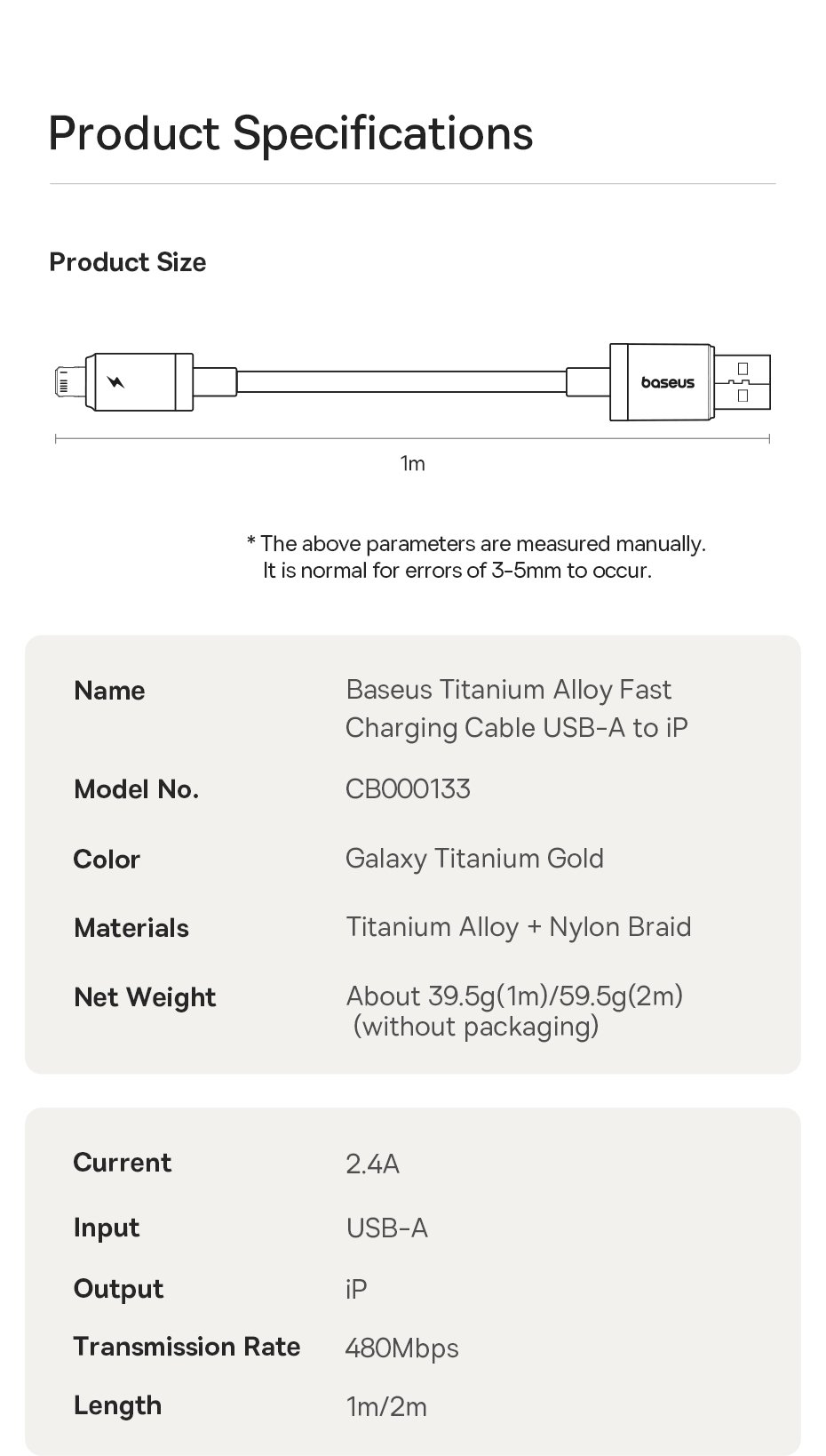 chube Cáp Sạc Nhanh USB to Lightning Baseus Titanium Alloy 2.4A