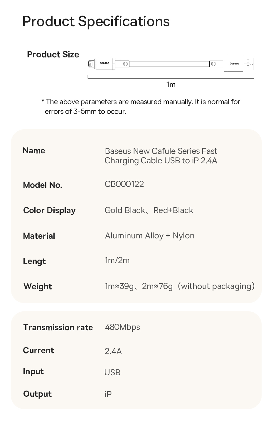 chube Cáp Sạc Nhanh Baseus Dura Series USB to Lightning 2.4A (480Mbps)
