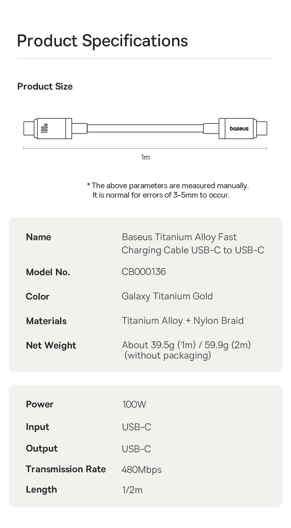 chube Cáp Sạc Nhanh 100W Baseus Titanium Alloy C to C