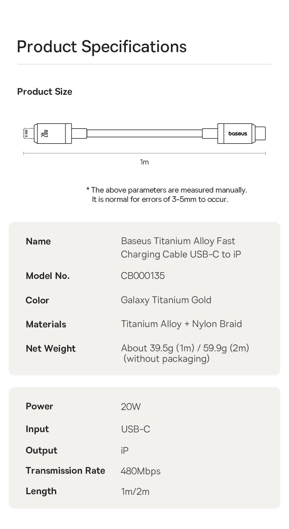 chube Cáp Sạc Nhanh C to Lightning Baseus Titanium Alloy 20W