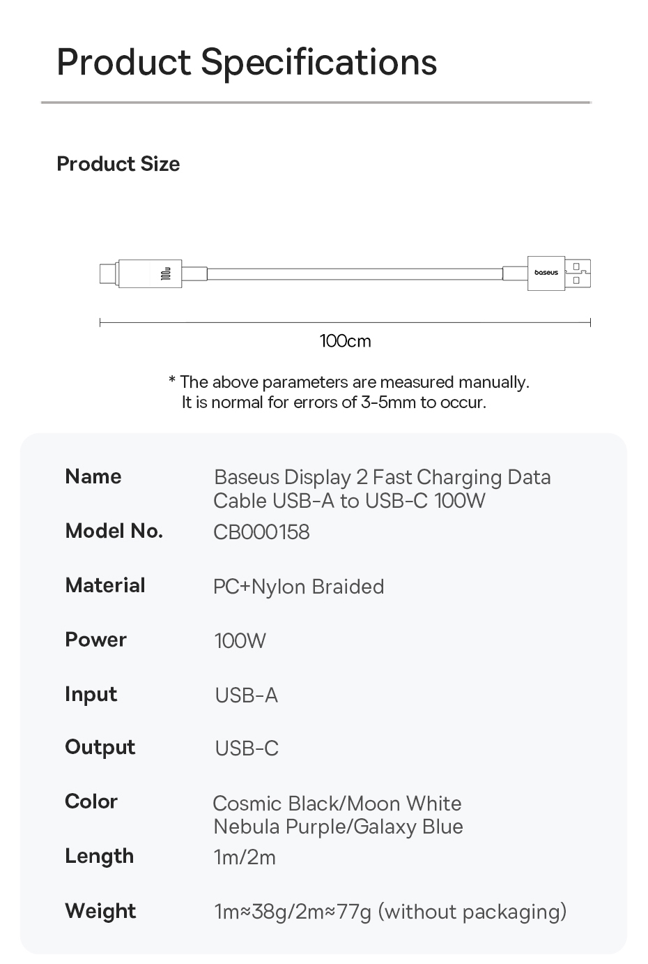 chube Cáp Sạc Nhanh USB to Type-C Baseus Display 2 100W