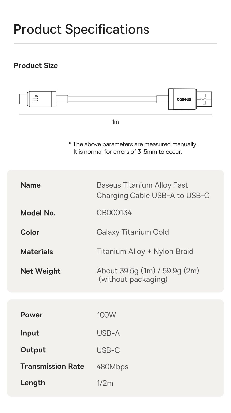 chube Cáp Sạc Nhanh USB to C Baseus Titanium Alloy 100W