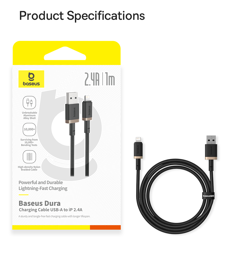 chube Cáp Sạc Nhanh Baseus Dura Series USB to Lightning 2.4A (480Mbps)