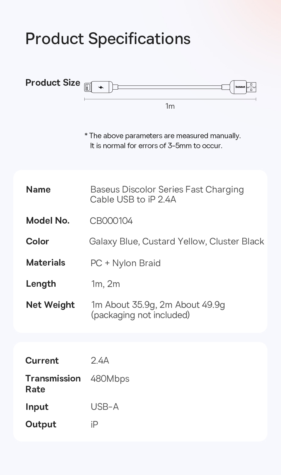 chube Cáp Sạc Nhanh USB to Lightning Baseus Discolor Series 2.4A