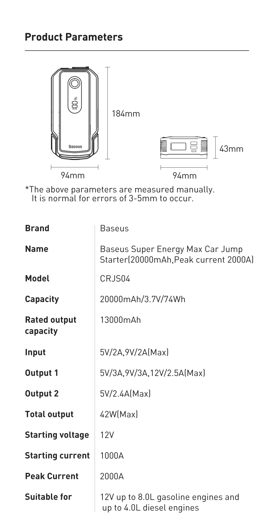 Bộ kích nổ ô tô Baseus Super Energy Max 2000A 20000mAh