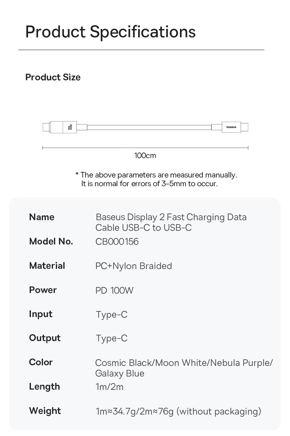 chube Cáp Sạc Nhanh Type C to Type C Baseus Display 2 100W
