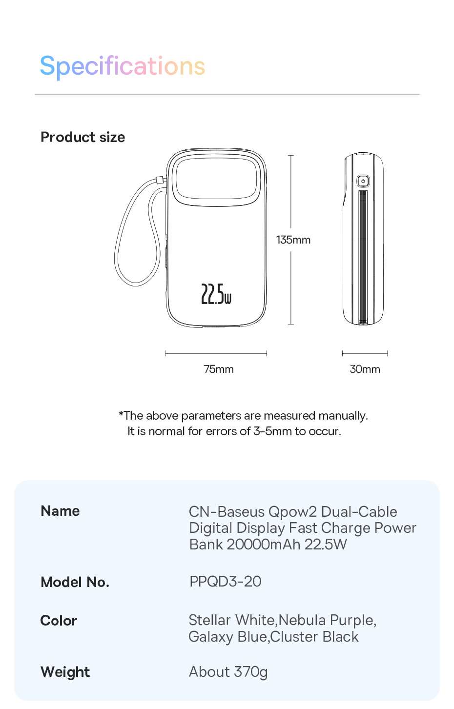chube Pin Sạc Dự Phòng OS-Baseus Qpow2 kèm 2 cáp 30w 20.000mAh