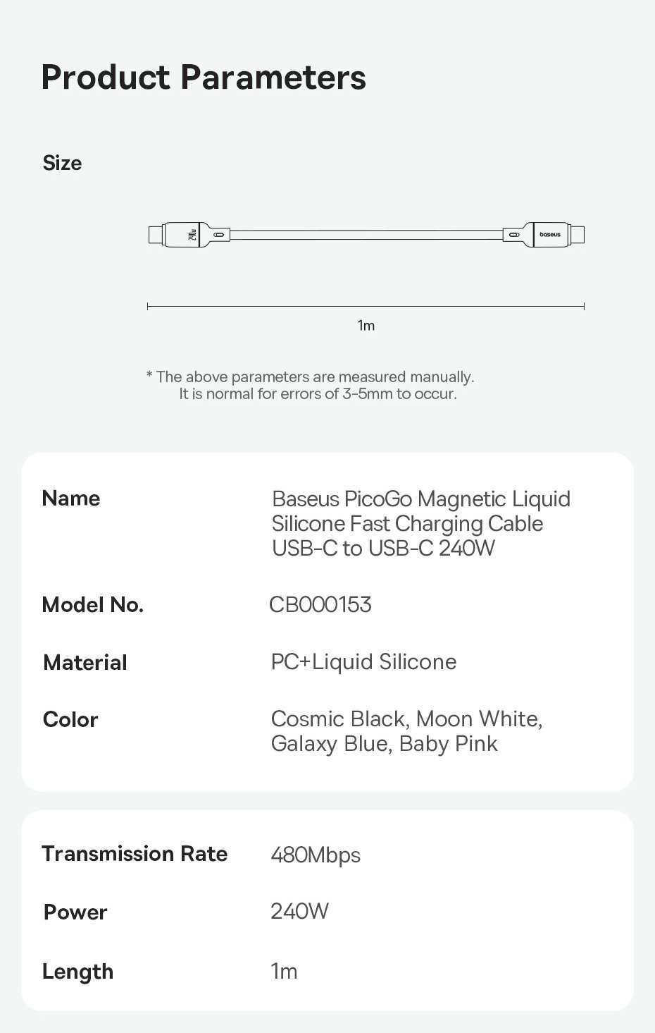 chube Cáp Nam Châm 240W Baseus PicoGo Liquid Silicone C to C