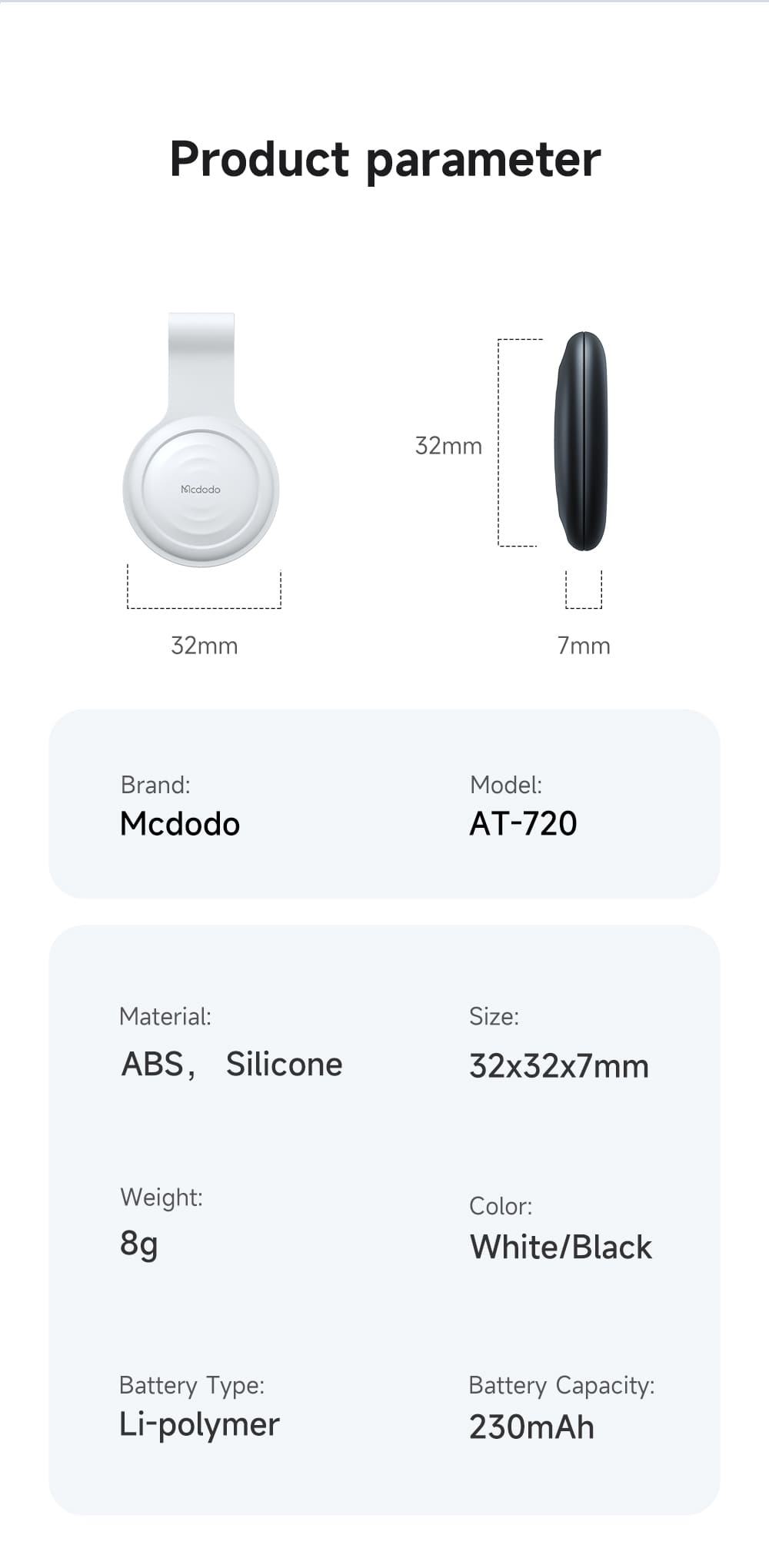 Kích thước và chi tiết sản phẩm thẻ theo dõi Mcdodo SmartTag