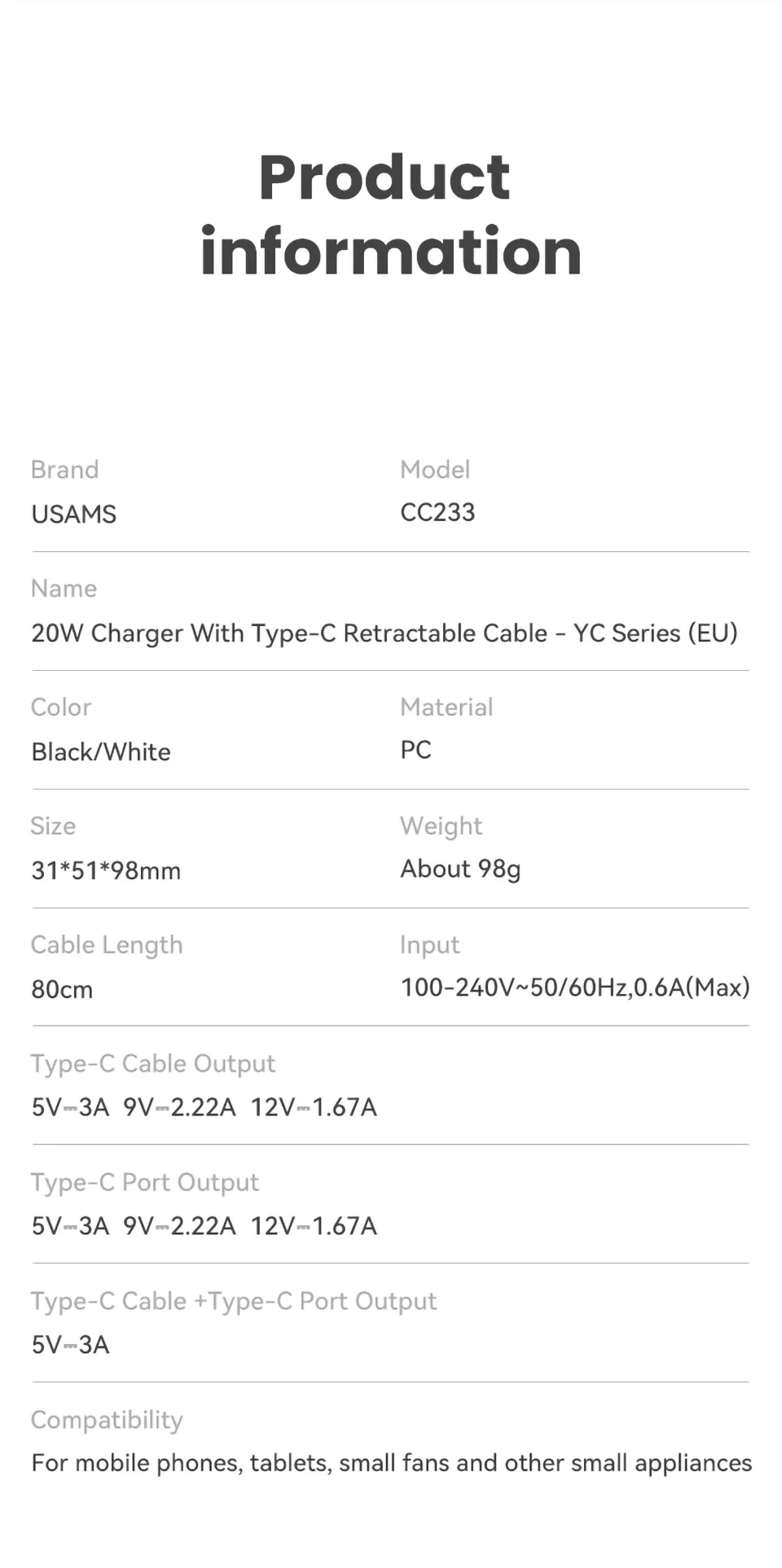 chube Bộ Sạc Nhanh Kèm Cáp USAMS CC233 20W GaN PD3.0+QC3.0