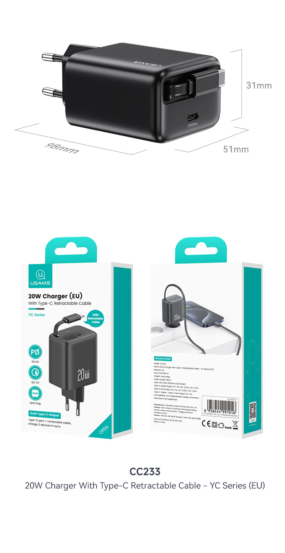 chube Bộ Sạc Nhanh Kèm Cáp USAMS CC233 20W GaN PD3.0+QC3.0