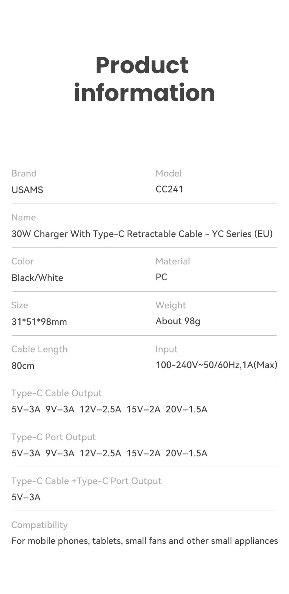 chube Bộ Sạc Nhanh Kèm Cáp USAMS CC241 30W Type-C GaN PD3.0+QC3.0