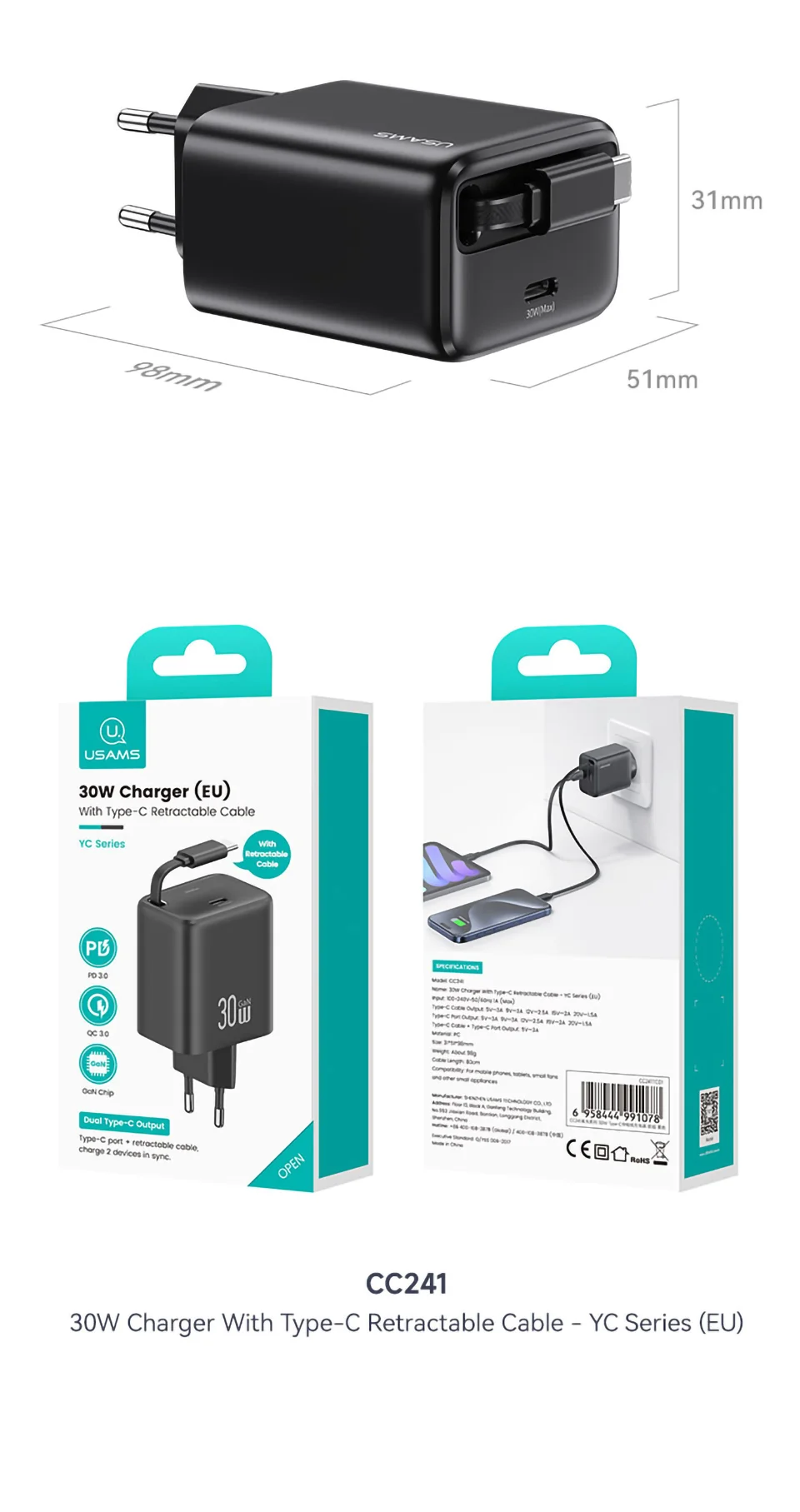 chube Bộ Sạc Nhanh Kèm Cáp USAMS CC241 30W Type-C GaN PD3.0+QC3.0