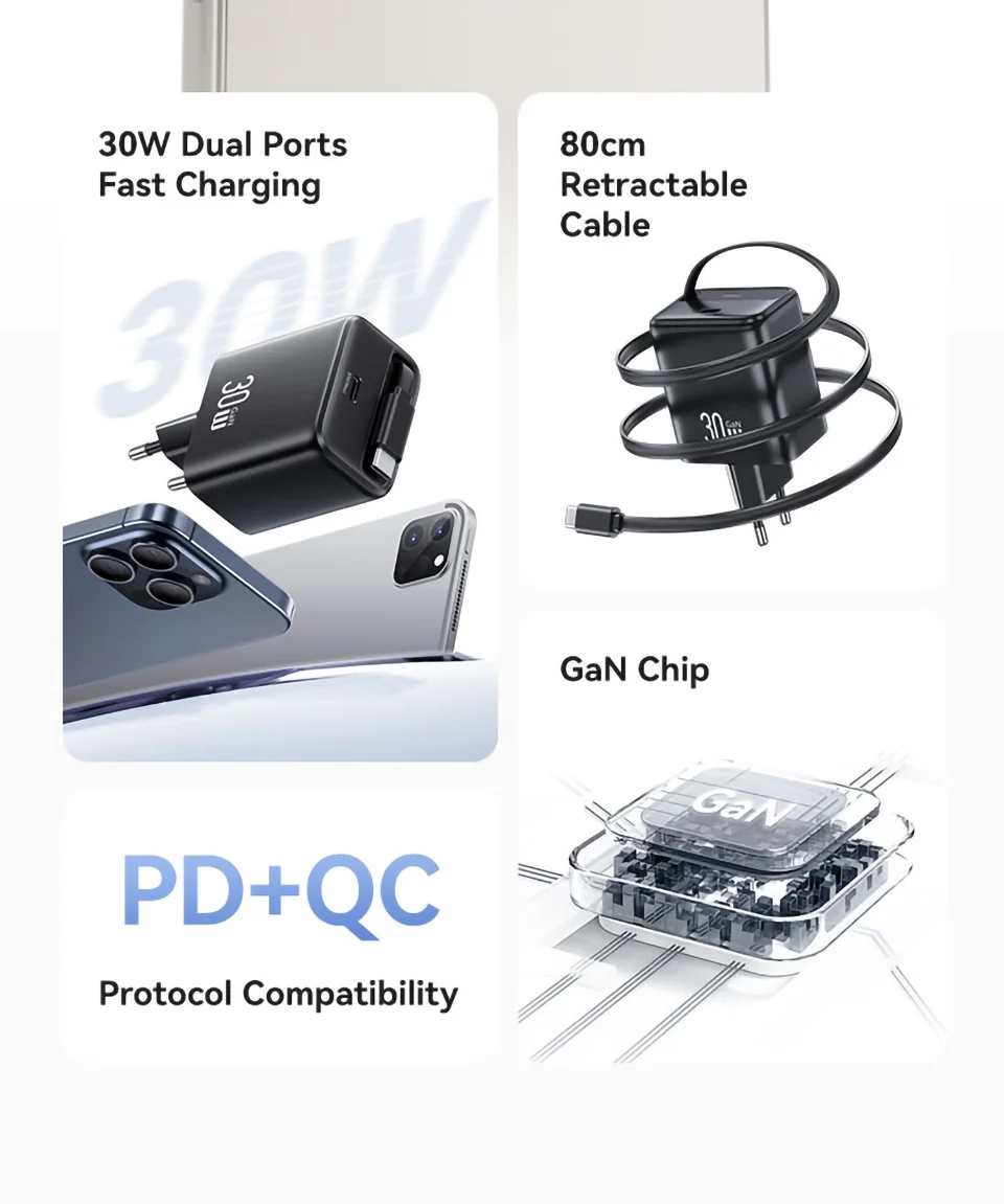 chube Bộ Sạc Nhanh Kèm Cáp USAMS CC241 30W Type-C GaN PD3.0+QC3.0