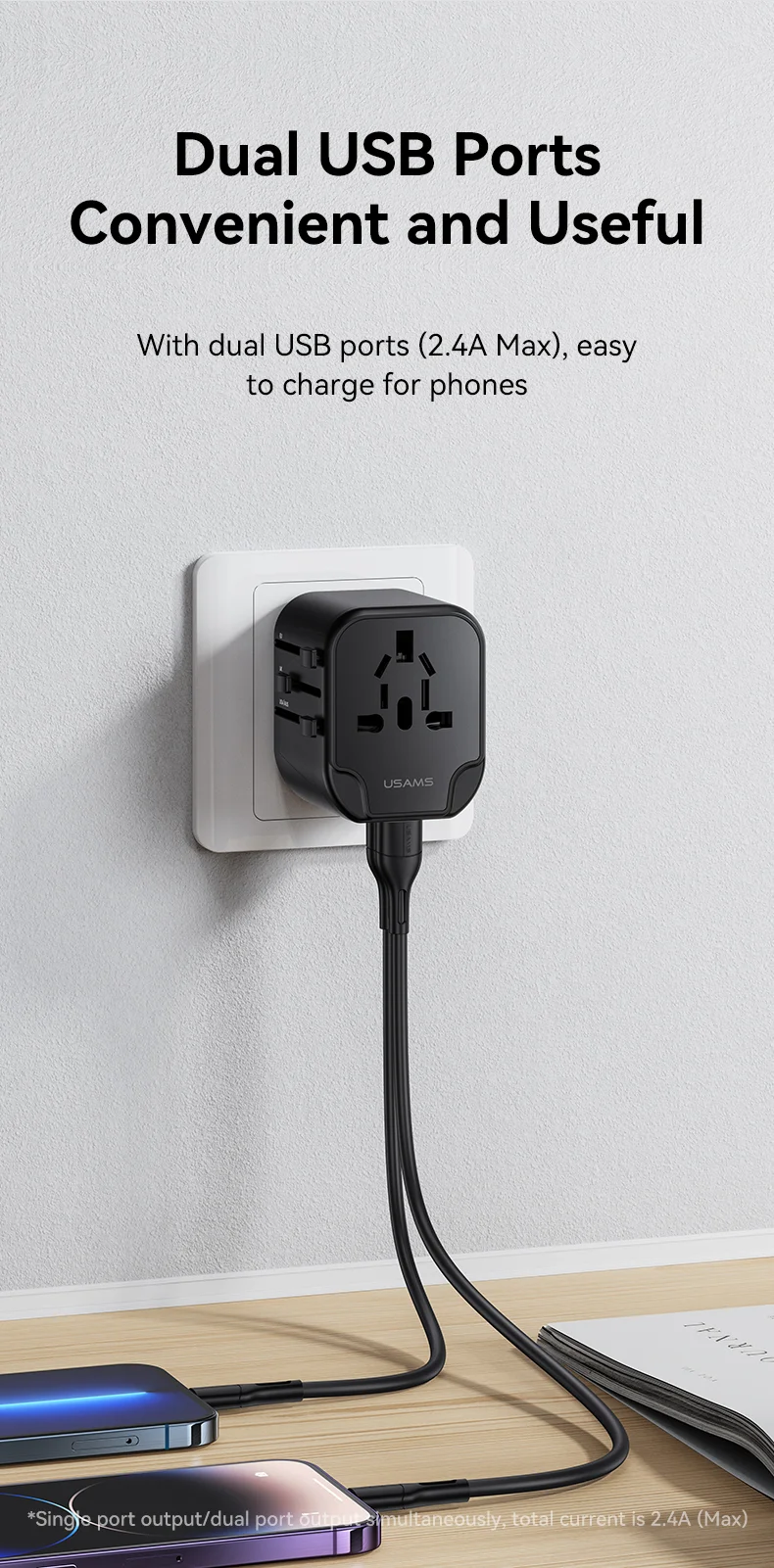 chube Bộ sạc du lịch Usams US-CC173 T55 12W Dual USB-A Universal