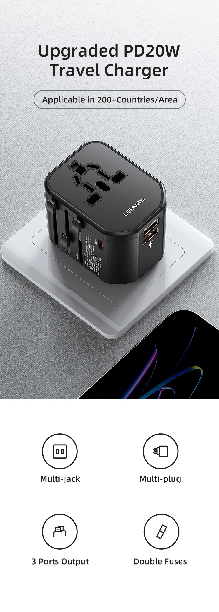 chube Bộ sạc du lịch Usams US-CC179 T59 Dual USB + Type-C PD 20W
