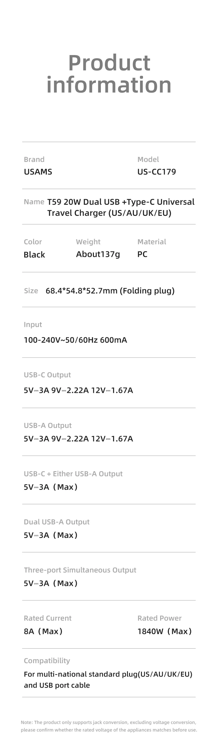 chube Bộ sạc du lịch Usams US-CC179 T59 Dual USB + Type-C PD 20W