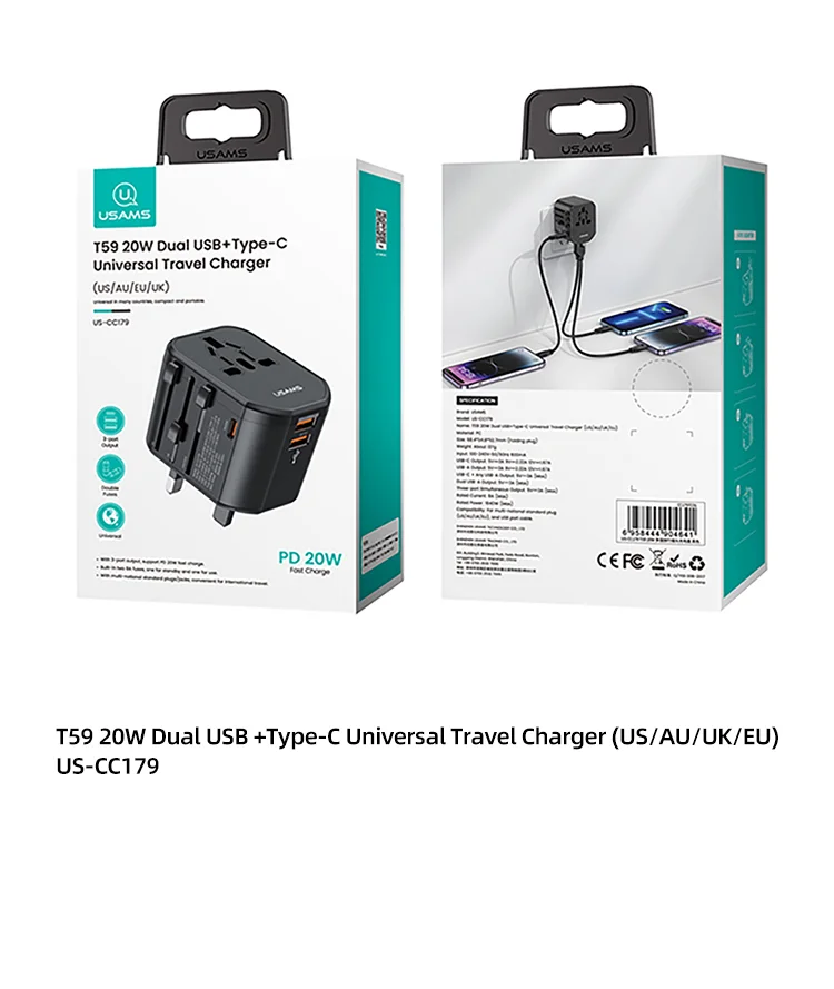 chube Bộ sạc du lịch Usams US-CC179 T59 Dual USB + Type-C PD 20W