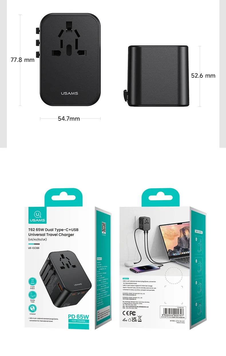 chube Bộ sạc du lịch Usams CC199 T62 65W GaN Fast Charging