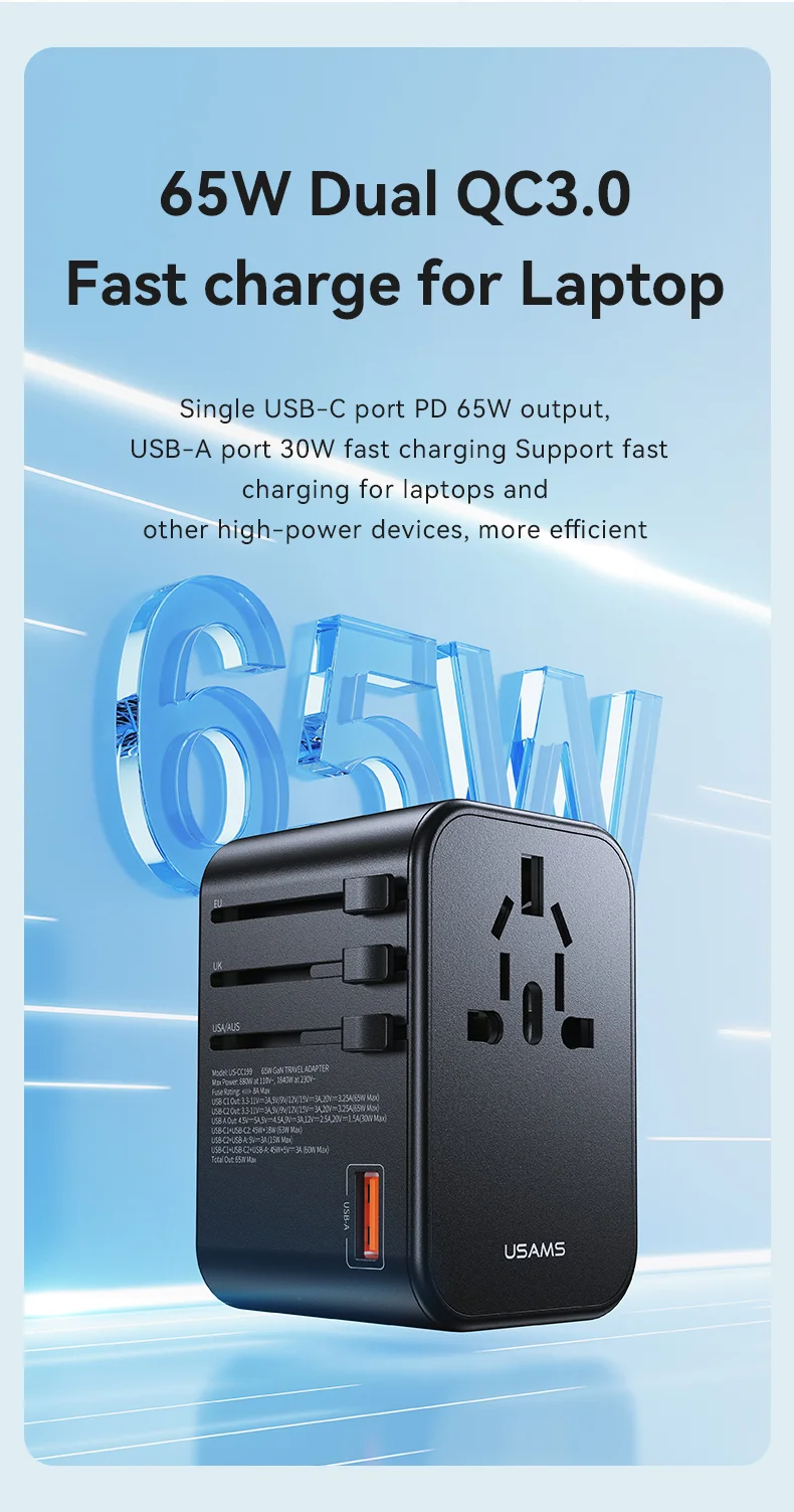 chube Bộ sạc du lịch Usams CC199 T62 65W GaN Fast Charging