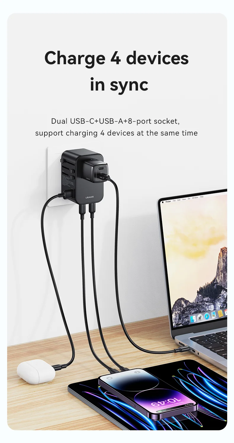 chube Bộ sạc du lịch Usams CC199 T62 65W GaN Fast Charging