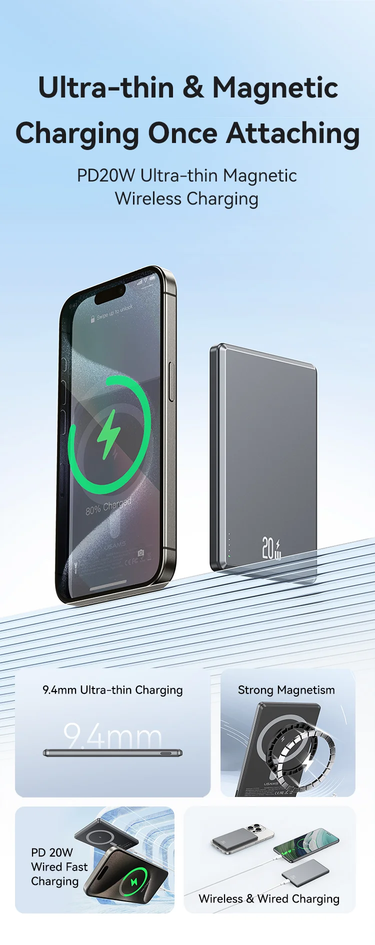 chube Pin Dự Phòng Không Dây Nam Châm USAMS CD220 PB73 5000mAh 20W
