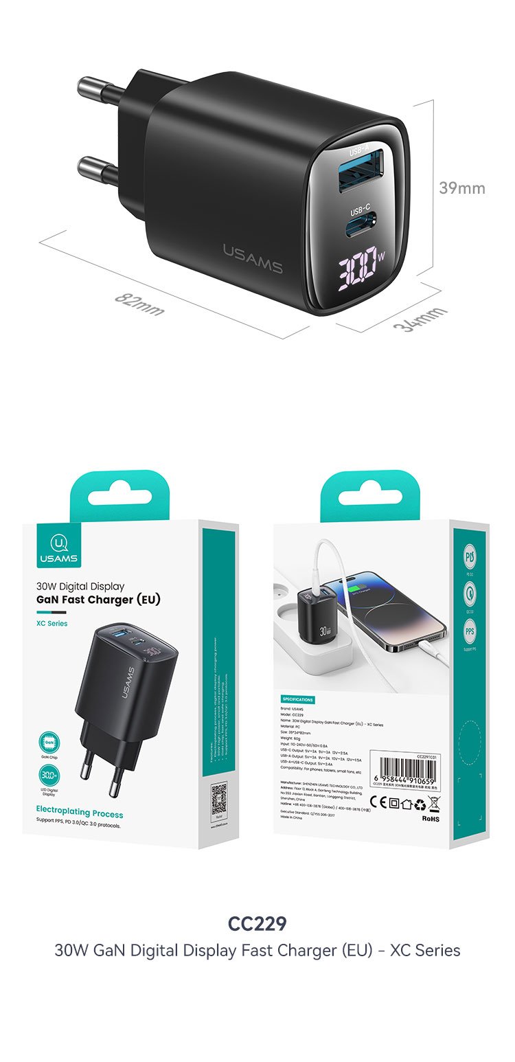 chube Củ Sạc Nhanh 2 cổng USB + Type C USAMS CC229 30W