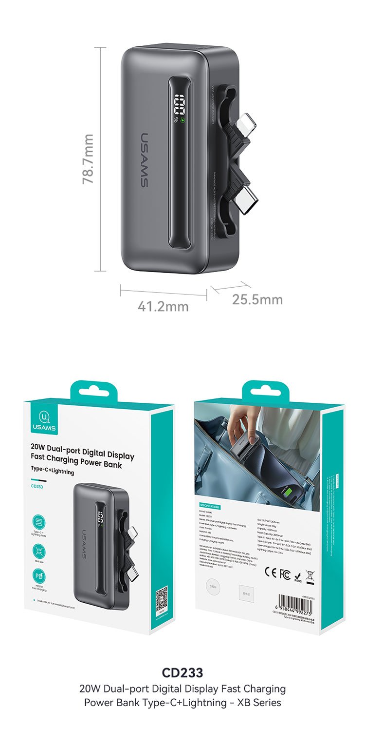 Pin Dự Phòng Mini USAMS CD233 4500mAh 20W (Cổng Type-C + iP) - Trải nghiệm sạc tối ưu