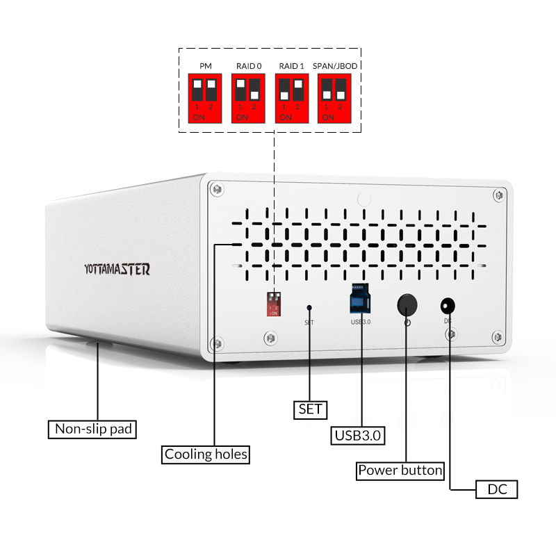 Dock ổ cứng 2 bay 3.5 inch RAID Yottamaster PS200RU3-US-SV chi tiết