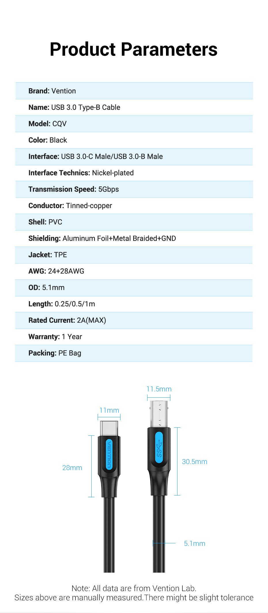 chube Cáp Chuyển Data Tốc Độ Cao Type-C to USB-B 3.0 VENTION CQV