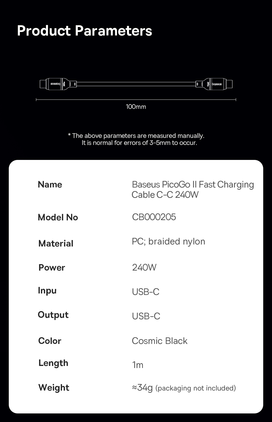Cáp USB-C Baseus PicoGo 240W tích hợp chip E-Marker